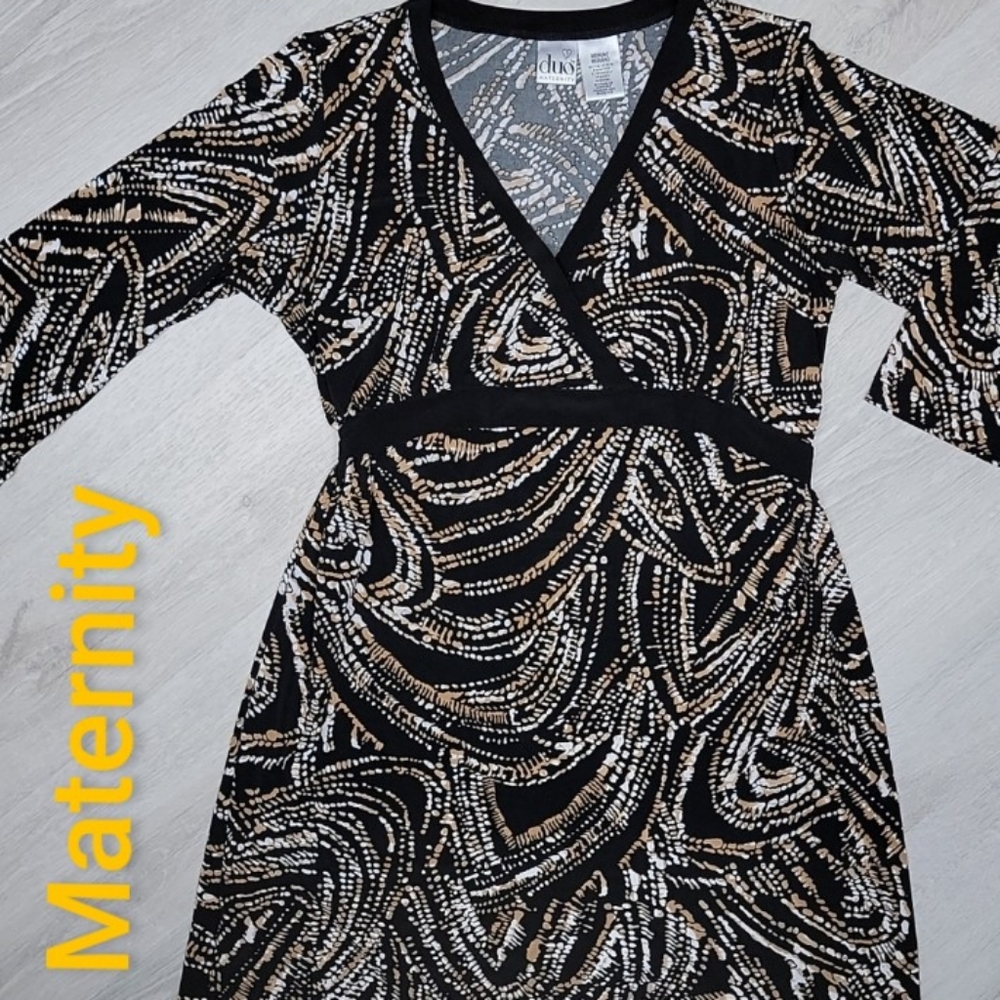 Duo Maternity Medium V Neck dress Black With White And Brown Spots [12]
